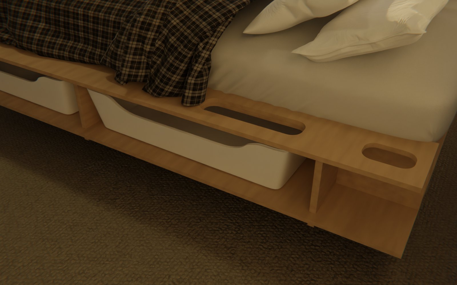 Close-up of the bed frame's storage bay and cut-in storage opening
